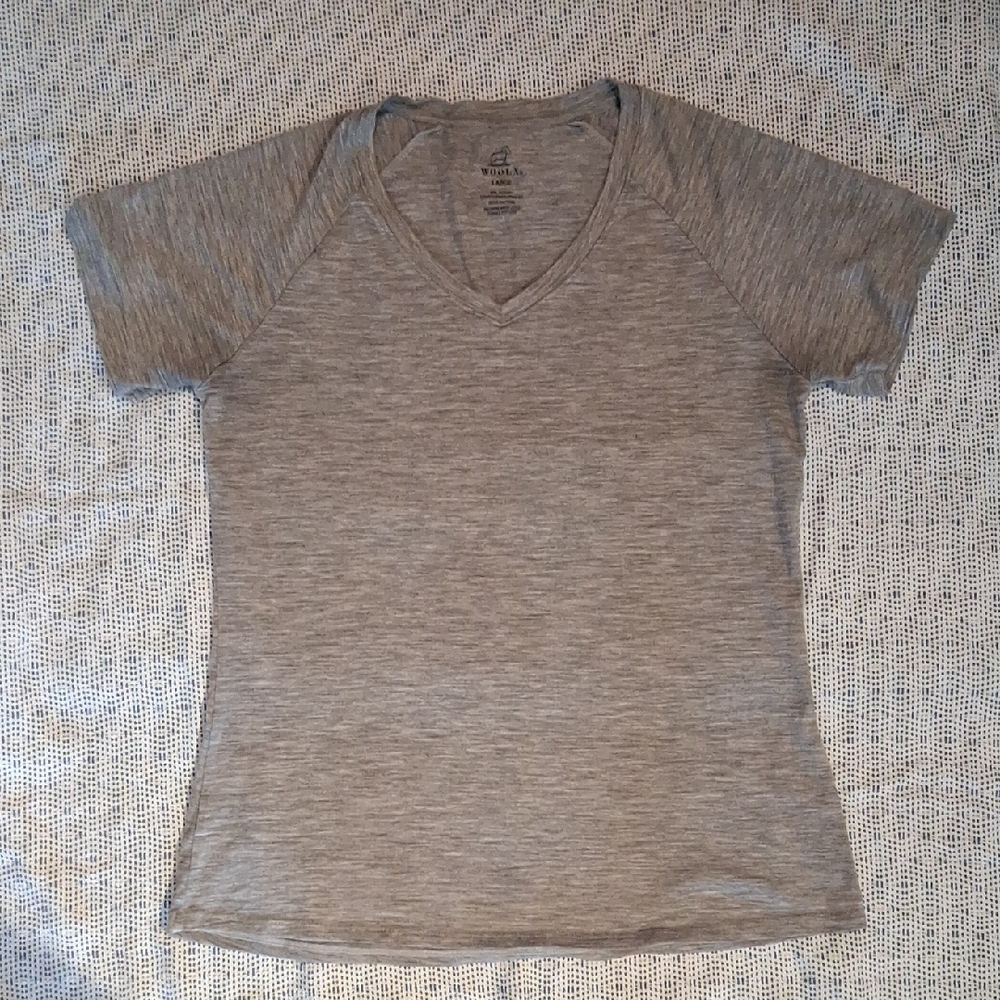 Gray WoolX Women's Mia Merino Wool Short Sleeve V-Neck Tshirt Top Size Large